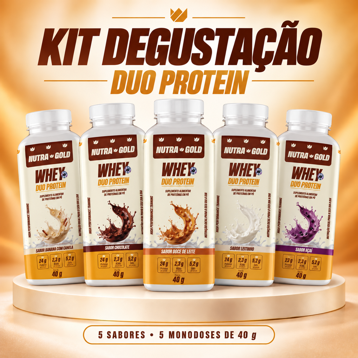 Kit degustação DUO PROTEIN com cinco monodoses de 40 g: Banana com Canela, Chocolate, Doce de Leite, Leitinho e Açaí