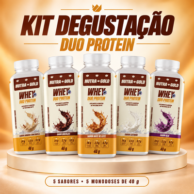 Kit degustação DUO PROTEIN com cinco monodoses de 40 g: Banana com Canela, Chocolate, Doce de Leite, Leitinho e Açaí